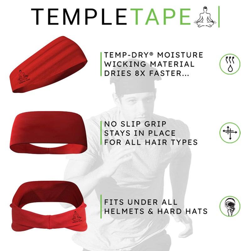 Temple Tape, Value 2-Pack, Mens Headband - Guys Sports Headbands Moisture Wicking Workout Sweatbands for Running, Cross Training, Skiing and Bike Helmet Friendly - 1-Black & 1-Red Sweatband - Image 5